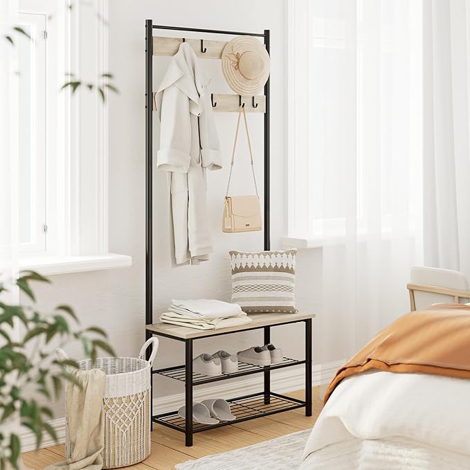 Hall Tree with Bench and Shoe Storage, 3-in-1 Coat Rack, Freestanding Wooden Coat Rack with Shoe Bench with Metal Frame, 3-Tier Storage Shelf and 9 Removable Hooks, Greige