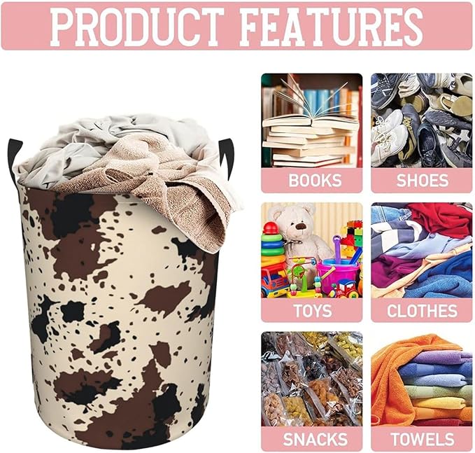 Highland Cow Texture Round Laundry Hamper Cowskin Print Storage Basket Toys Clothes Organizer Bin For Home Bathroom Bedroom Dorm Nursery, 62l