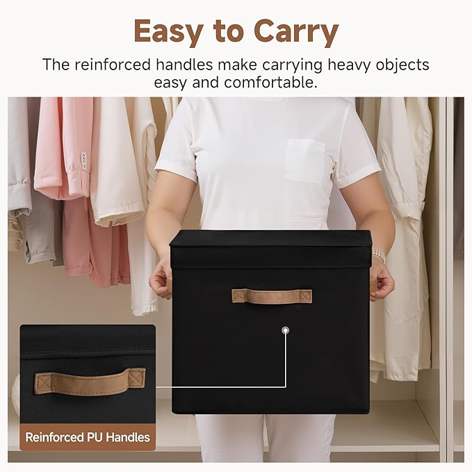 StorageWorks Fabric Storage Bins with Lid, Decorative Storage Boxes for Shelves, Stackable Closet Organizer Basket with Handles, Large, Black, 2-Pack