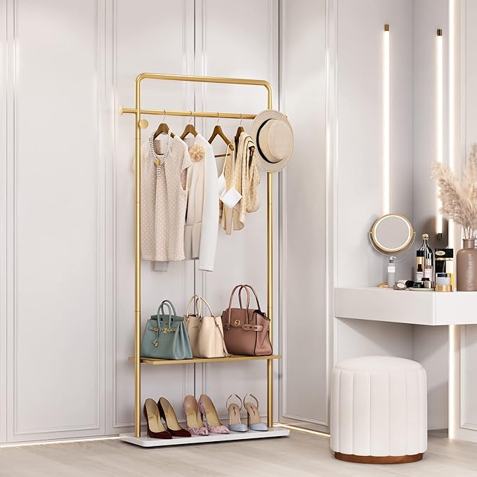 TIEOU Gold Clothing Racks with Shelf, Heavy Duty Gold Clothes Racks for Boutiques, Free-Standing Metal Garment Rack for Hanging Clothes, Modern Coat Rack Entryway