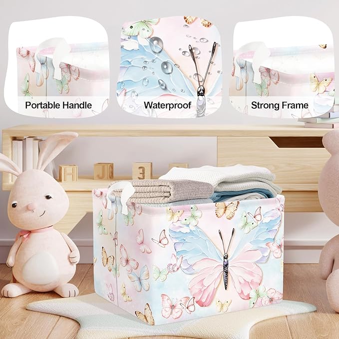 3D Pastel Butterfly Baby Laundry Hamper Collapsible Clothes Kids Storage Basket Large Girls Gift Toy Box Bin for Bedroom, Colorful, 36L