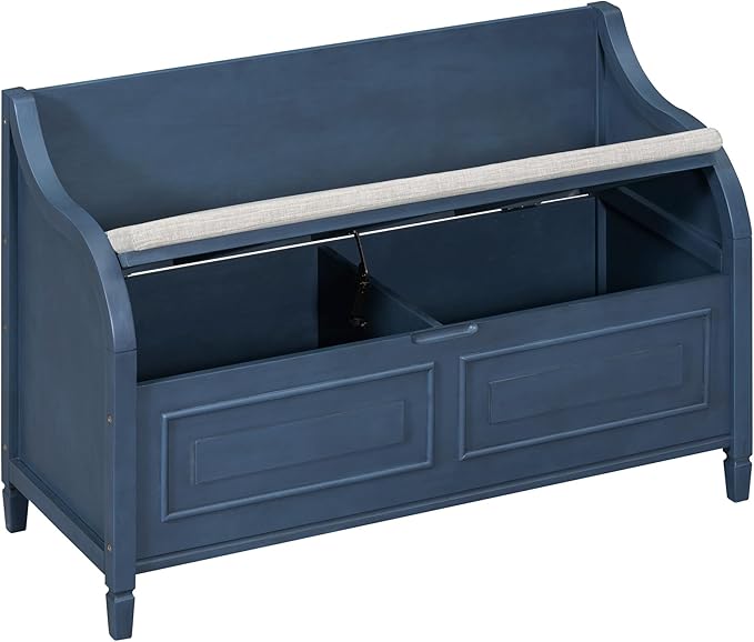 42" Rustic Storage Bench Entryway Bench Shoe Cabinet Ottoman with Safety Hinge, Removable Seat Cushion & Hidden Storage Space for Hallway Entryway Living Room Mudroom End of Bed (Antique Navy)