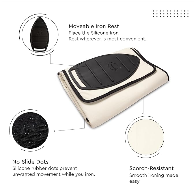 Encasa XO Ironing Mat/Pad (Small 28"x20") with 3mm Padding, Anti-Skid Design & Silicone Iron Rest for Steam Pressing on Tabletop or Bed - Heat Resistant, Portable, Quilting & Travel Blanket - Natural
