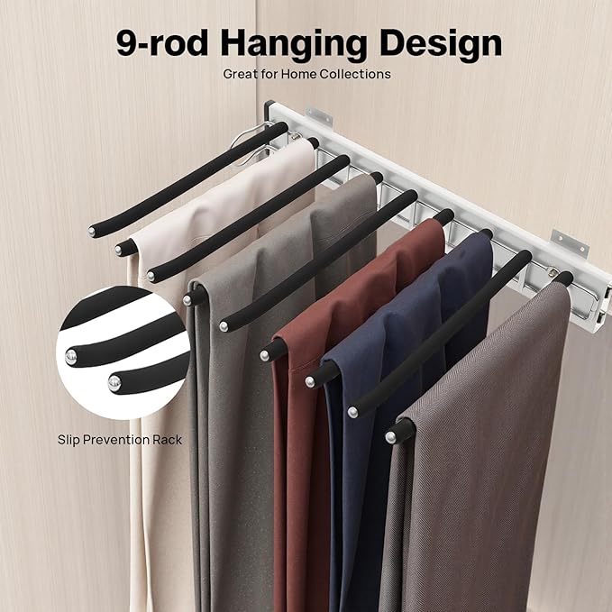 9 Arms Steel Slide Out Pants Rack Closet Pants Hanger Bar Pull Out Trousers Rack Tie Belts Scarf Racks, Wardrobe Clothes Organizers Rail Pull Out Closet Storage Rod-(Left Side Mounts)