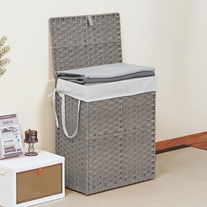 NEWBULIG Foldable Laundry Hamper with Lid, 23.8 Gallon (90L) Large Capacity Clothes Basket, Double Insert Storage Organizer Bin for Bedroom, Bathroom & Laundry Room, Grey