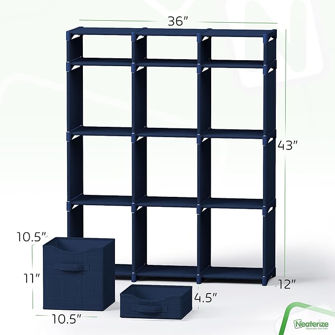 12 Cube Storage Organizer With Bins Included - Closet Storage With 12 Storage Bins - Easy To Assemble Storage Unit With Drawers - Closet Organization For Clothes, Bedroom, Nursery, & Toys (Navy)