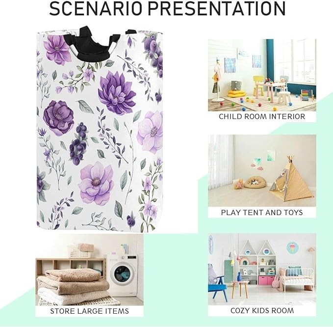 CaTaKu Floral Watercolor Purple Baby Laundry Baskets Collapsible, Large Tall Clothes Hampers for Kids Laundry Room Organizer Foldable Storage Bins with Handles