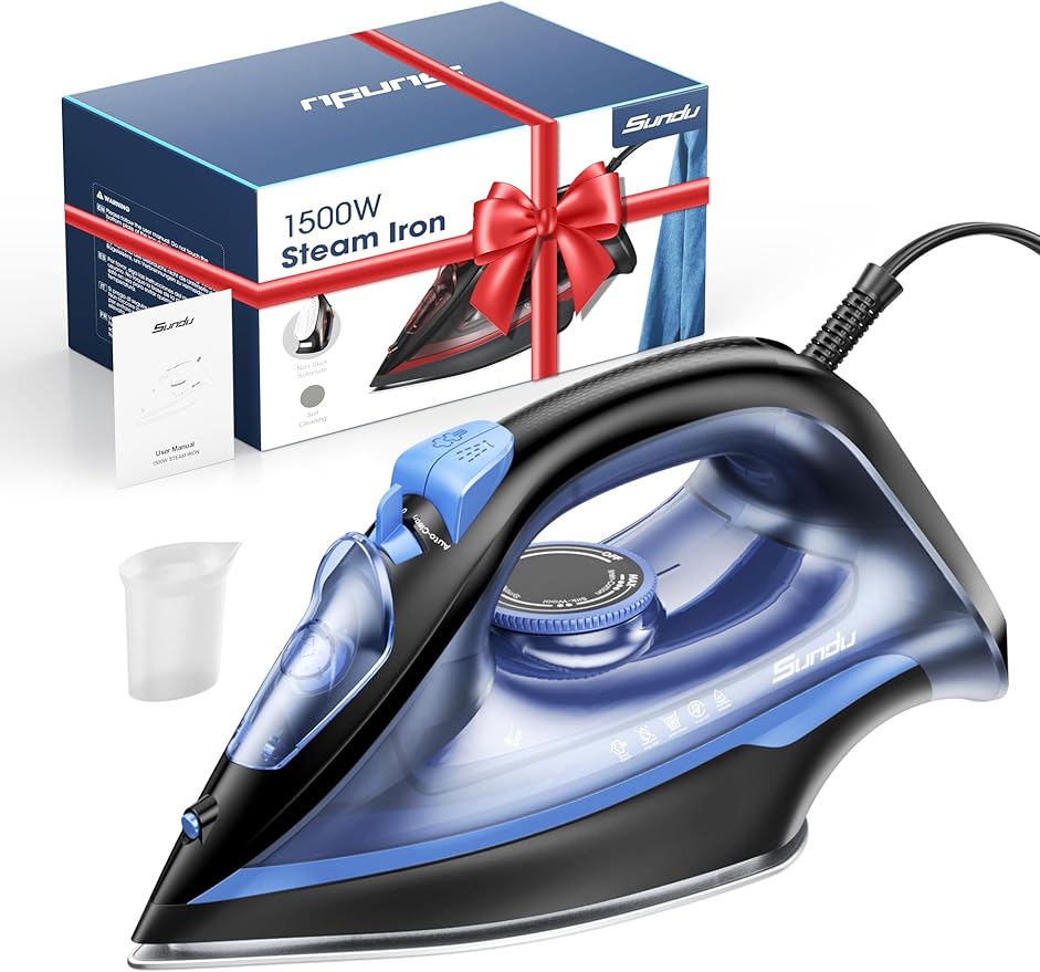 1500-Watt Steam Iron with Ceramic-Coated Soleplate and Burst Steam, 3-Way Auto-Off, Temperature Settings for Variable Fabric