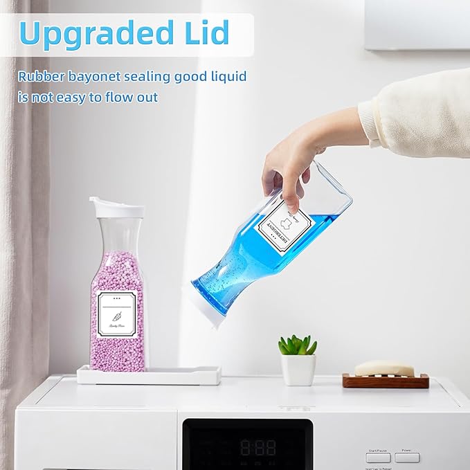 Laundry Detergent Dispenser,Laundry Soap Dispenser,Liquid Laundry Detergent Container,35OZ Fabric Softener Dispenser with Tray, Laundry Room Organization,Extra 4 Labels,White