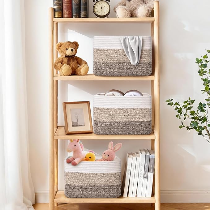 Storage Baskets for Organizing, 4 Pack Baskets for Shelves, Decorative Storage Bins for Shelves, Cotton Rope Storage Basket with Handles, Woven Basket for Storage, 13''Lx8.7''Wx7.9''H, Gradient Brown