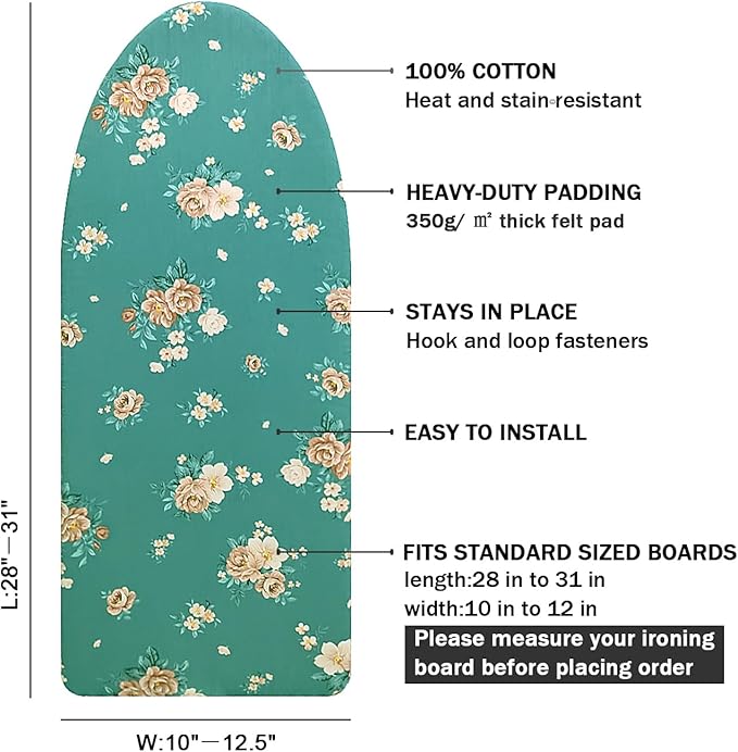 12.5" x 30" Small Tabletop Ironing Board Cover and Pad,3 Pairs of Hook and Loop Fastener Straps,Elastic Edges,Cotton Mini Iron Board Cover with Scorch Resistant Thick Padding