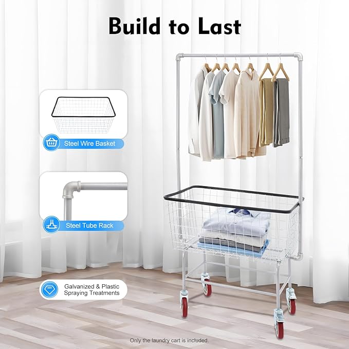 Laundry Cart with Clothes Rack, Rolling Laundry Basket with with Wheels, Commercial Laundry Basket, Steel Frame with Chrome Finish, Heavy Duty Wire Laundry Cart for Laundry