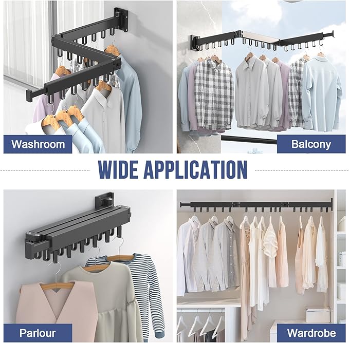 MIFXIN Retractable Clothes Drying Rack Tri-Fold Laundry Wall Mounted Clothing Drying Rack Hanger Collapsible Space Saver Foldable Clothes Hanger Rack for Laundry Balcony (Black)
