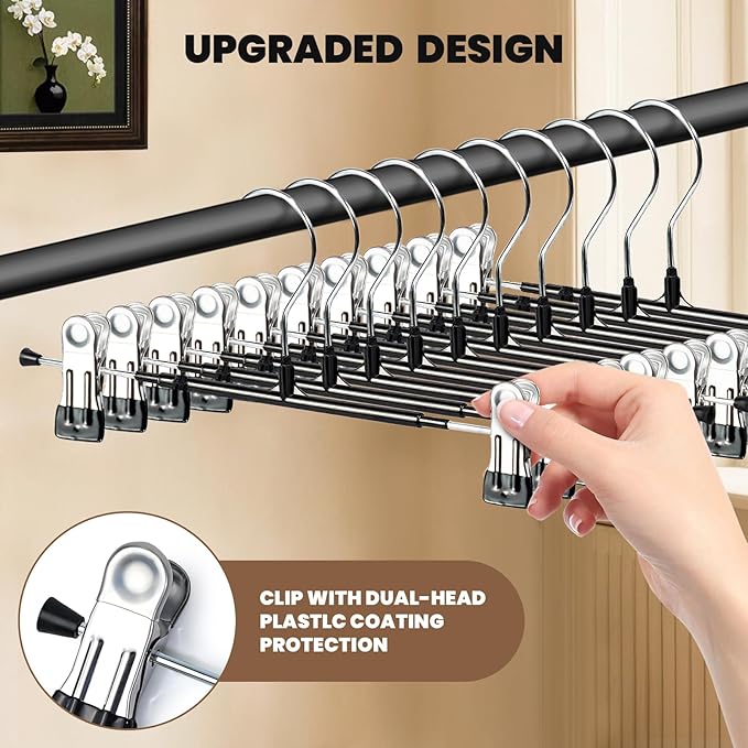 HUADYMEET 30 Pack 12Inch Pants Hangers with Clips,Metal Trouser Hanger for Jeans.Space Saving Skirt Hangers Heavy Duty Non-Slip Adjustable Clothes Shorts Hanger for Women,Men,Black