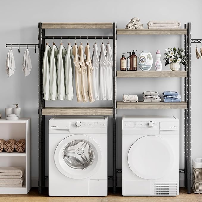 GAOMON Over The Washer and Dryer Storage Shelf, 5-Tier Adjustable Laundry Organizer with Double Layer Wood Shelves for Laundry Room Organization, Gray, 30 Inch