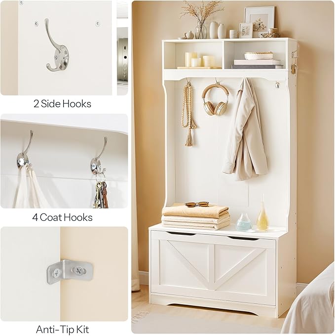 HOOBRO Hall Tree with Bench and Shoe Storage, Entryway Bench with Coat Rack and Shoe Cabinet, Flip-Down Cabinet Door, Coat Rack with Shoe Rack, for Mud Room, White WT84MT01