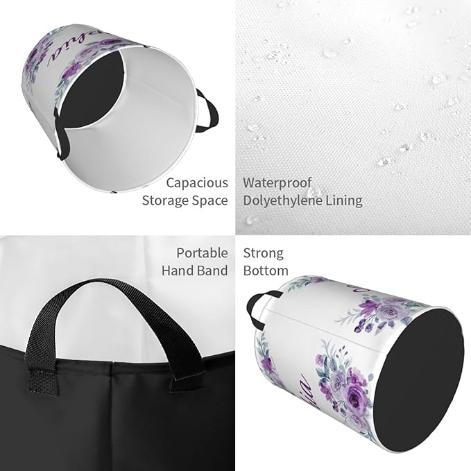 Personalized Laundry Basket for Nursery, Custom Nursery Laundry Hamper with Name, Customize Baby Clothes Circular Hamper for Boys Girls Room Decor, Purple Floral
