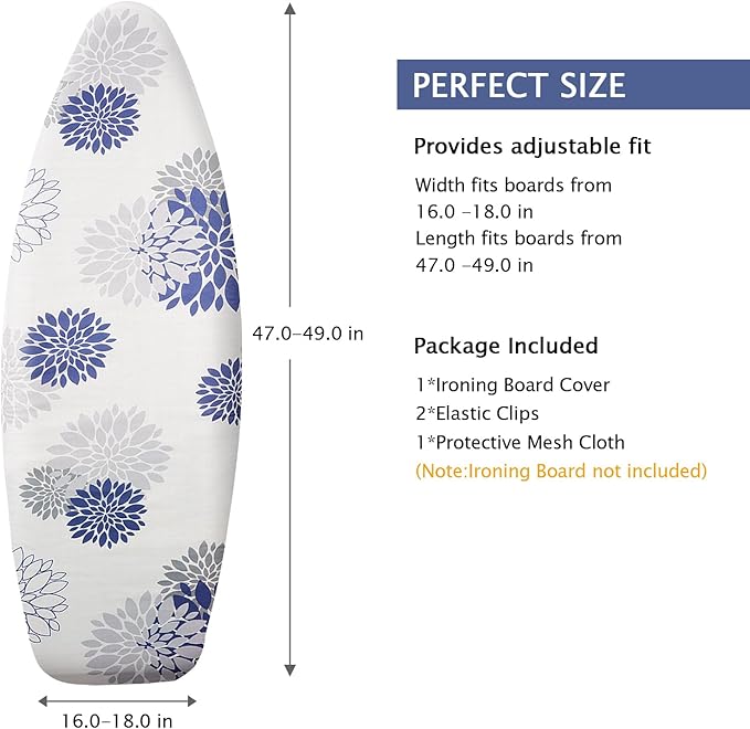 SheeChung Ironing Board Cover and Pad 18“x49”,Thick Scorch Resistant Padding,Heavy Duty Ironing Cover Fits Extra Wide Boards,Elastic Edge & Adjustable Fastener,Silicone Coating,Dahlia
