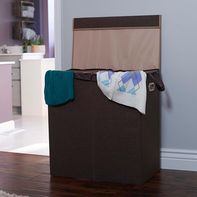 Household Essentials Double Laundry Hamper with Lid, Two Compartments for Easy Sorting with Removable Liner, Collapsible, Brown Linen 5614
