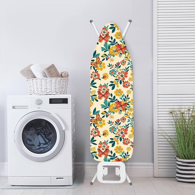Flowers Butterfly Standard Size Iron Pad Covers Tolerates High Temperature Anti-Dirty Durable Ironing Board Replacement Cover with Hook and Loop Fastener Strap