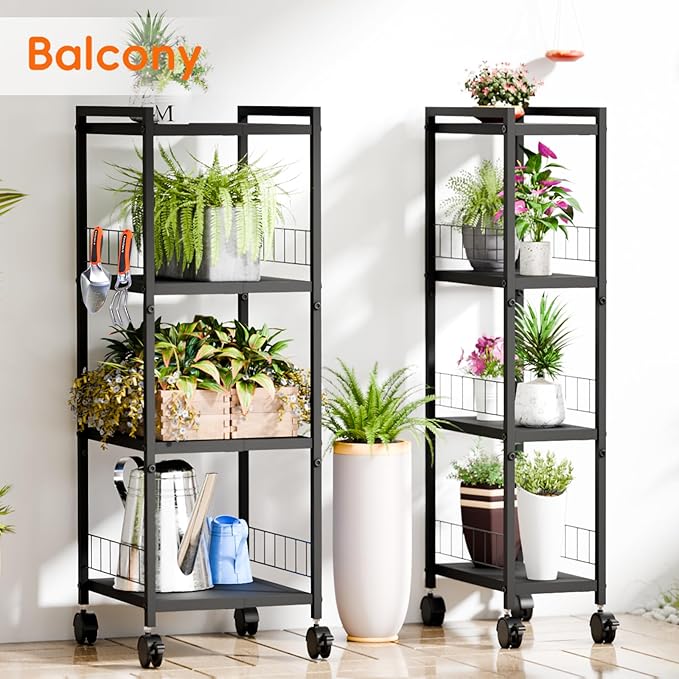 Expandable Slim Storage Cart with Wheels, 4 Tier Narrow Metal Rolling Utility Cart Organizer Adjustable Open Floor Shelf Unit for Small Spaces Bathroom Laundry Room Kitchen