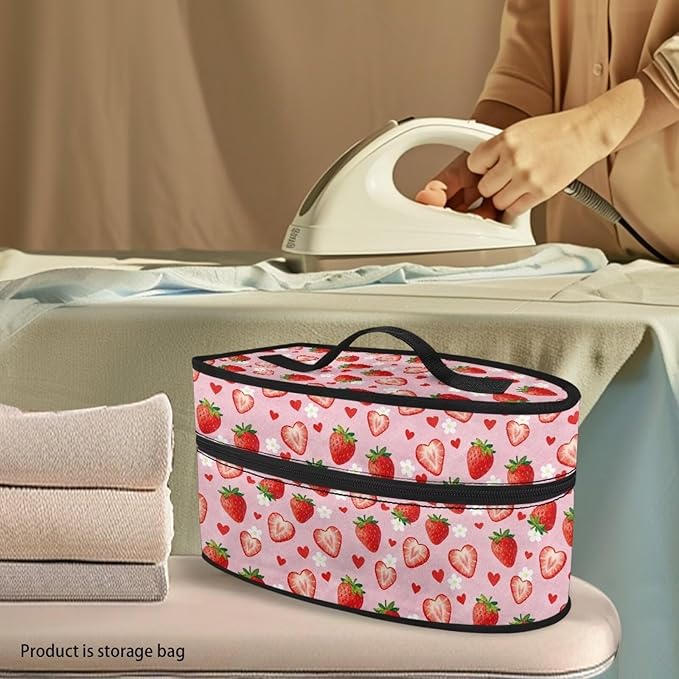 Hearts Strawberry Iron Tote Case for Travel Mini Steam Irons Dustproof Protective Flower Printed Carrying Bags Universal for Most Iron with Handle for Halloween