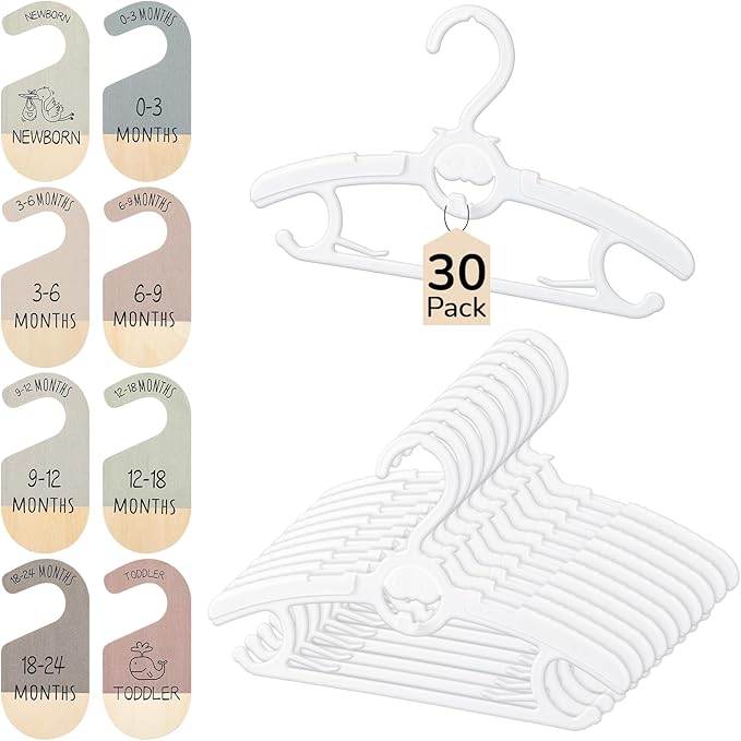 Hsei 38 Pack Baby Closet Organizer System-30 Baby Hangers with 8 Wooden Size Dividers Newborn to 24 Months Nursery Closet Organization Set, Extendable Non-Slip Hangers, Gift for New Moms