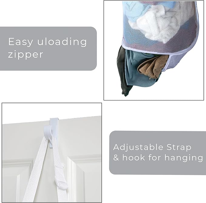Smart Design Deluxe Mesh Over The Door Pop Up Hamper w/ Hook & Adjustable Strap - VentilAir Mesh Material - for Laundry & Clothes - Home - (Holds 3 Loads) (17 x 28 Inch) [White]