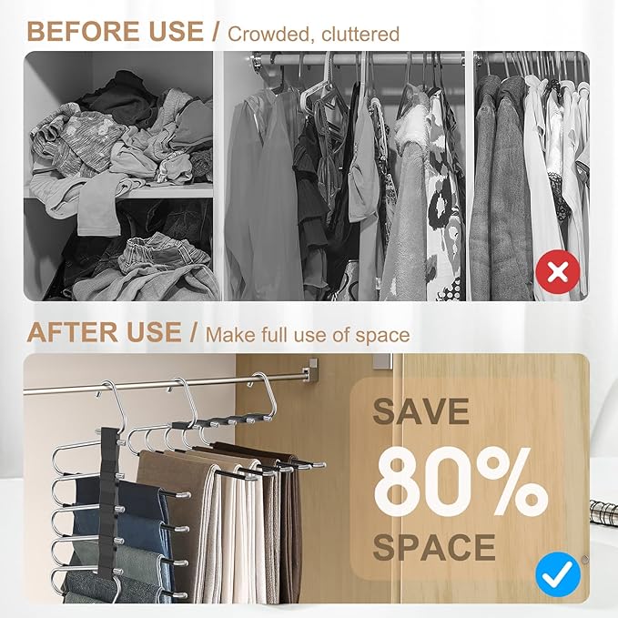 4 Pack Pants Hangers Space Saving, Anti-Slip Multi-Functional Pants Rack, Thickened Stainless Steel Tube, Two Hanging Modes Suitable for Jeans Trousers Skirts Scarf-Black