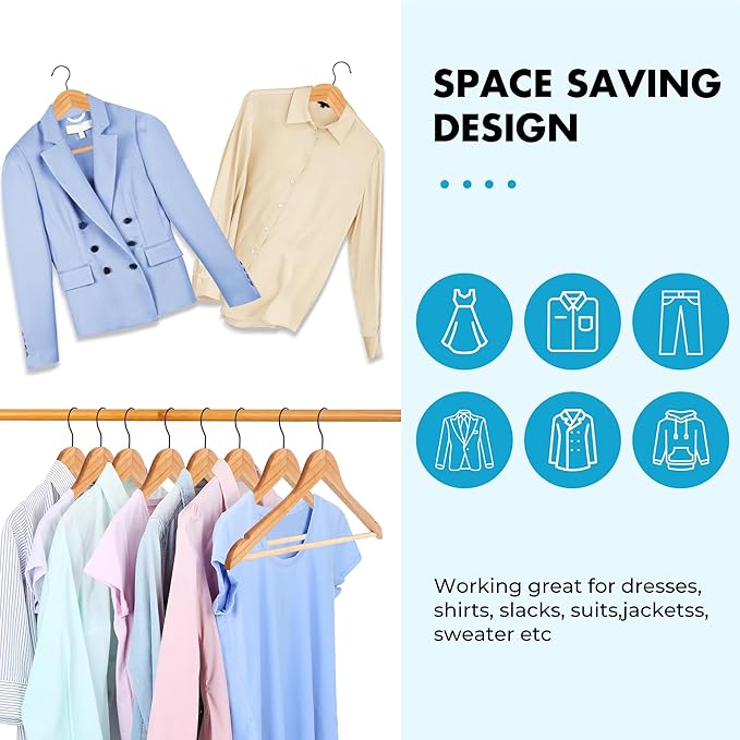 JS HANGER Wooden Hangers 20 Pack, Natural Wood Suit Hangers with Non Slip Shoulder Grooves, Clothes Hangers for Coats, Shirts, Jackets, Pants, Suits