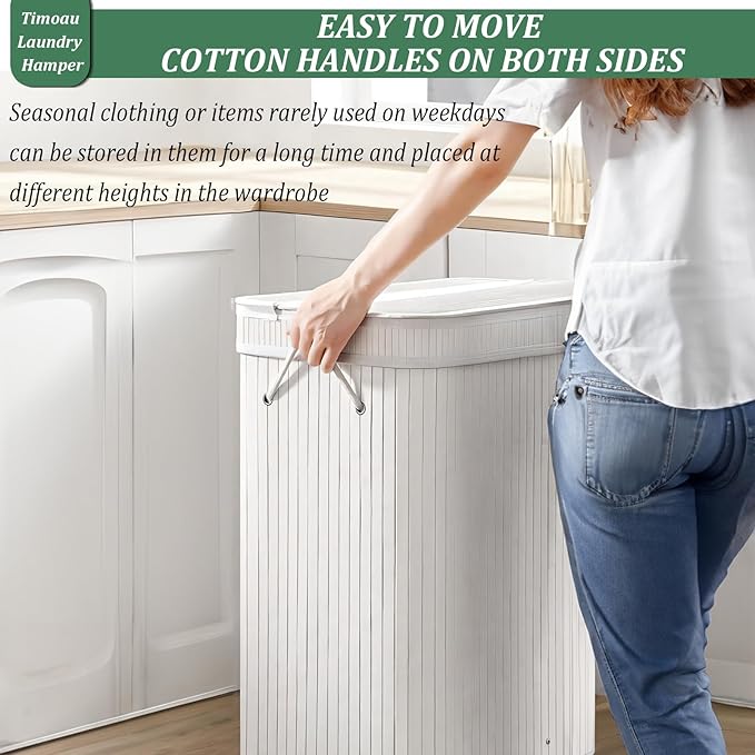 72L Laundry Hamper with Lid, Bamboo Laundry Basket with Removable Liner Bag, Foldable Clothes Hamper with Handles for Bedroom, Bathroom, Closet, Natural
