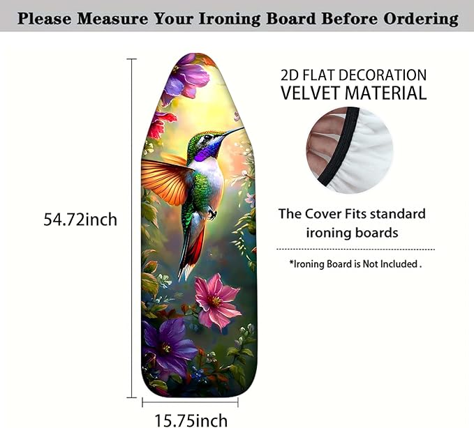 Nuxovilar Ironing Board Cover with Hummingbird and Colorful Flowers Pattern, 15x54 Inches Polyester - Ironing Board Cover and Pad for Garden - Themed Room, Sunroom, Craft Studio