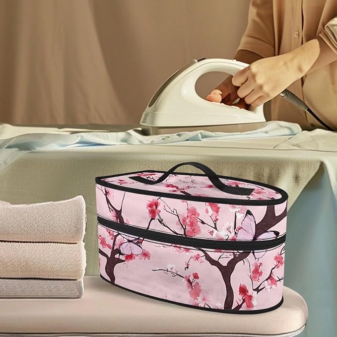 Pink Butterfly Travel Hard Storage Carrying Case Flower Mini Iron Organizer Holder for Iron and Other Accessories Travel Iron Storage Box with Smooth Zipper