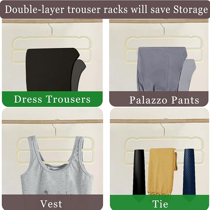 Velvet Pants Hangers,2 Tier Jeans Hanger,Premium Non Slip,Thin Space Saving Slim Trousers Hanger,13.77inch