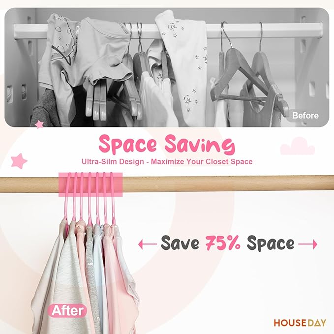HOUSE DAY Premium Baby Hangers 20 Pack, 11 Inch Kids Plastic Hanger Pink, Slim Childrens Hangers for Infant, Toddler, and Child Clothes, Durable Baby Clothes Hanger for Closet