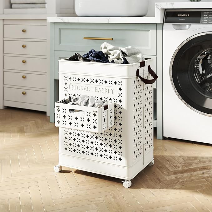 Giantex 75L Collapsible Laundry Baskets with Wheels, Foldable Laundry Basket with Wheels, Handles & Underwear Basket, Large Plastic Laundry Hamper for Bathroom, Bedroom, Dorm