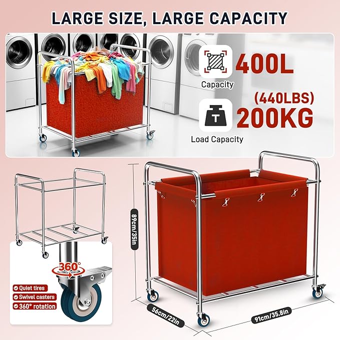 Commercial Laundry Cart with Wheels, 440 lbs Heavy Duty Industrial Laundry Cart with Sturdy Frame and Oxford Bag for Home Hotel Hospital, Rolling Laundry Cart for Home & Hotel, 400L(Red)