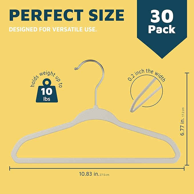 Ivory Velvet Kids Hangers 30 Pack, 10.83" Non-Slip Baby & Toddler Hangers for Clothes, Space-Saving Slim ABS Plastic with 360° Swivel Hook & Notched Shoulders, Up to 10 lb Capacity