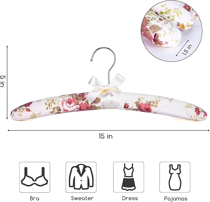 NEOVIVA Padded Hangers for Women Clothing, Floral Clothes Hangers, No Shoulder Bump Hangers for Adult, Padded Clothes Hangers for Women Sweaters, Dresses, Suits (Pack of 5)