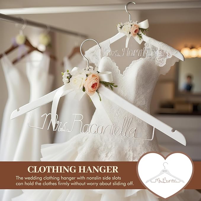 2 Pcs Personalized Wedding Hangers, Mr & Mrs Custom Hangars Name Wire for Bride and Groom, Wooden Dress Hanger, 4 Colors Wedding Hangers for Bridal Shower, Engagement, Anniversary, Bridesmaid Gift
