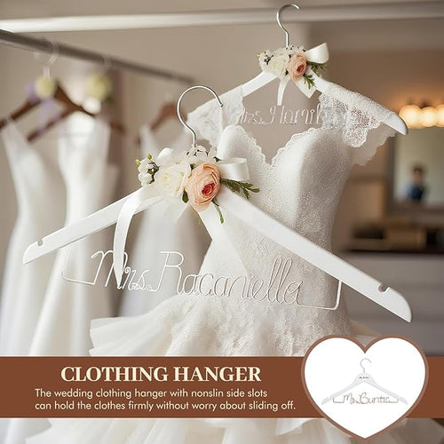 2 Pcs Personalized Wedding Hangers, Mr & Mrs Custom Hangars Name Wire for Bride and Groom, Wooden Dress Hanger, 4 Colors Wedding Hangers for Bridal Shower, Engagement, Anniversary, Bridesmaid Gift