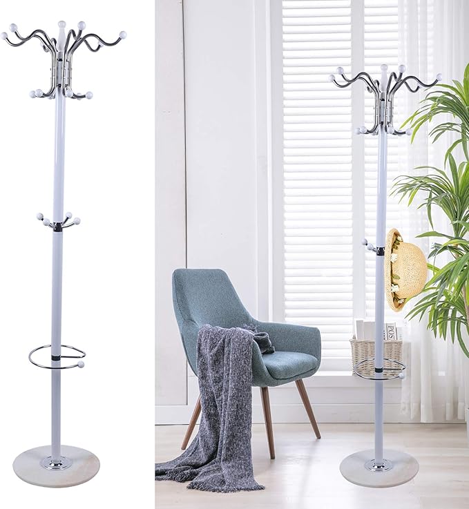67" Metal Coat Rack Stand with Natural Marble Base, Free Standing Hall Tree with 16 Hooks for Hanging Scarf, Bag, Jacket, Home Entry-way Hat Hanger Organizer (White)