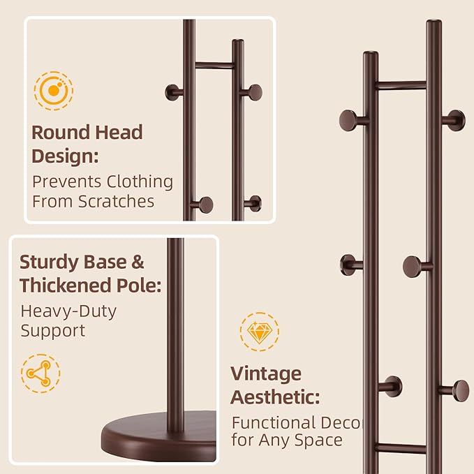 CozyDH Coat Rack Wooden Freestanding - Wood Coat Rack Freestanding Heavy Duty, Wooden Coat Stand with 6 Hooks Creative Look for Entryway, Hallway, Bedroom (Dark Walnut)