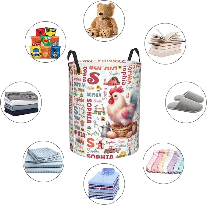Personalized Farm Chicken Laundry Basket For Baby Kids Boys Girls Adult Custom Hamper Basket With Name For Bathroom Bedrooms Collapsible Baby Laundry Basket, Dirty Clothes Hamper With Handles