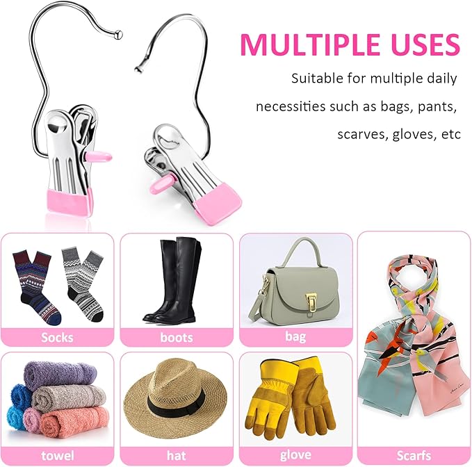 Boot Hangers for Closet,30 Pack Laundry Hooks with Clips,Stainless Steel Boot Hanger Clips,Portable Hangers Single Clip Space Saving Boot Clips for Hanging (Pink)