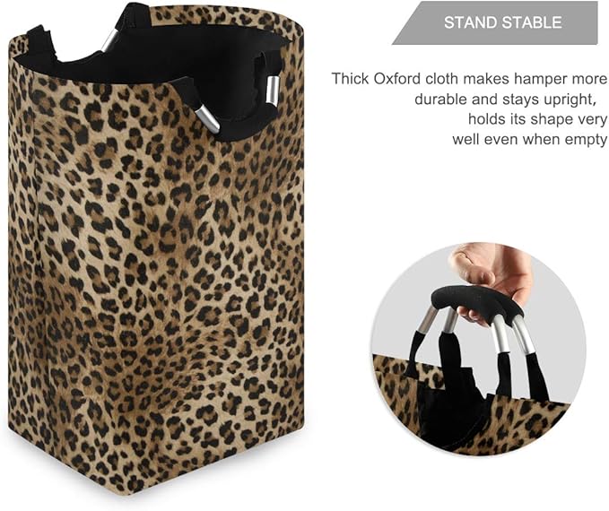 CaTaKu Leopard Brown Collapsible Laundry Baskets, Dirty Clothes Hampers for Laundry, Cheetah Print Large Hamper with Handles, Laundry Room Organization and Storage