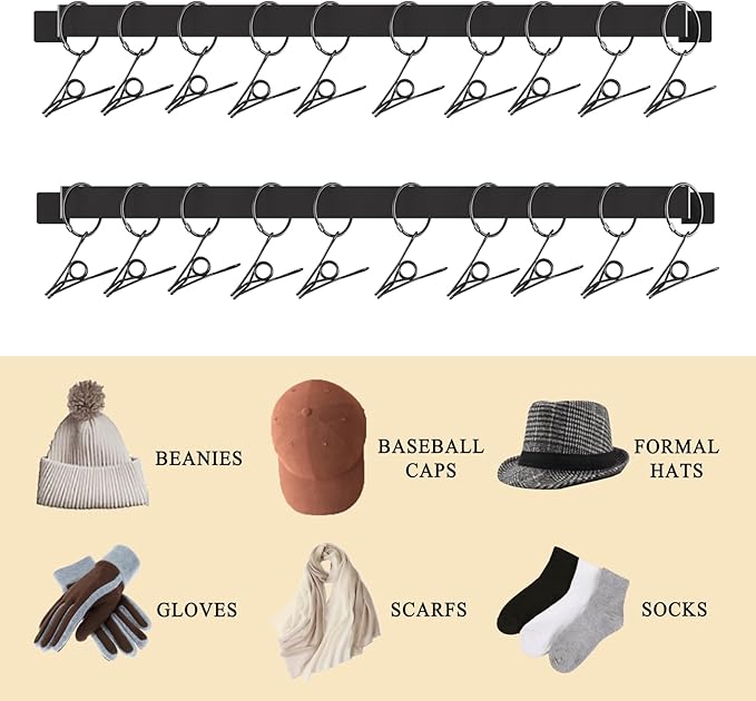 Hat Rack Wall Set of 2, Wall Mounted Hat Hanger Metal with Hooks for Baseball Cap Cowboy Hat, Closet Storage Organizer for Bedroom Entryway