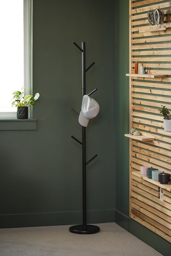 Coat Rack Black Freestanding - Modern Hat and Coat Stand with 6 Hooks - Black Powder-Coated Tubular Steel, Compact 11.0" Base, 66.1" Height for Entryway, Office, or Bedroom Organization