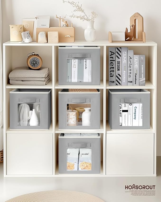 Storage Cube 11 Inch - Cube Storage Bins with Window, Closet Storage Baskets with Handle, Fabric Bins for Closet, Shelves, Toys, Clothes, Set of 6, Grey