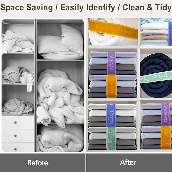 Bed Sheet Organizer Bands, Sheet Set Storage Label Bands, Elastic Bedding Sheet Size Marking Label Bands Straps Wraps for Organizing Linen Closet（Twin 4PCs | Blue）